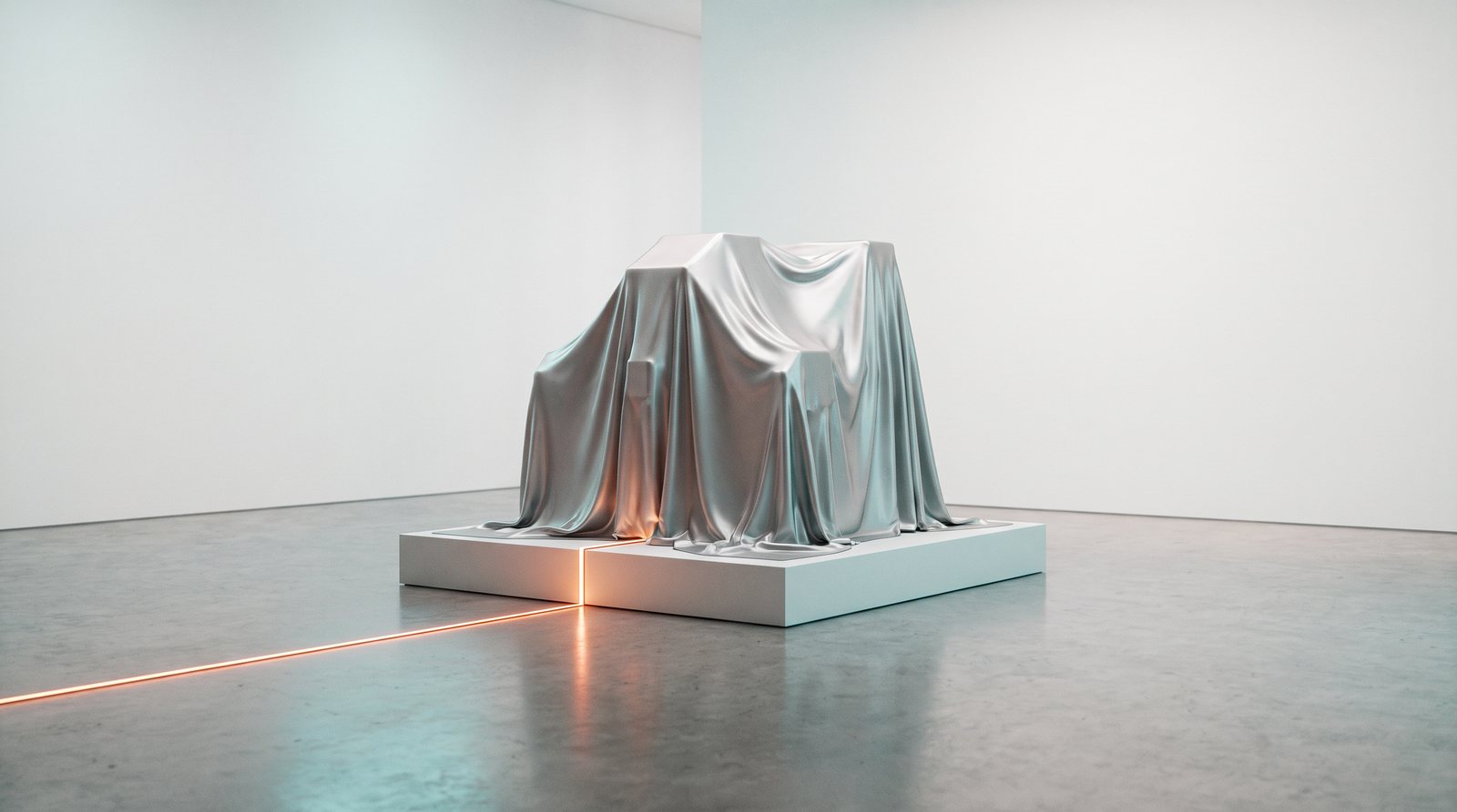 Ein verhülltes Objekt unter silbernem Seidentuch auf einem Podest in einer Galerie — das gemeinsame Vorhaben, noch unter Verschluss